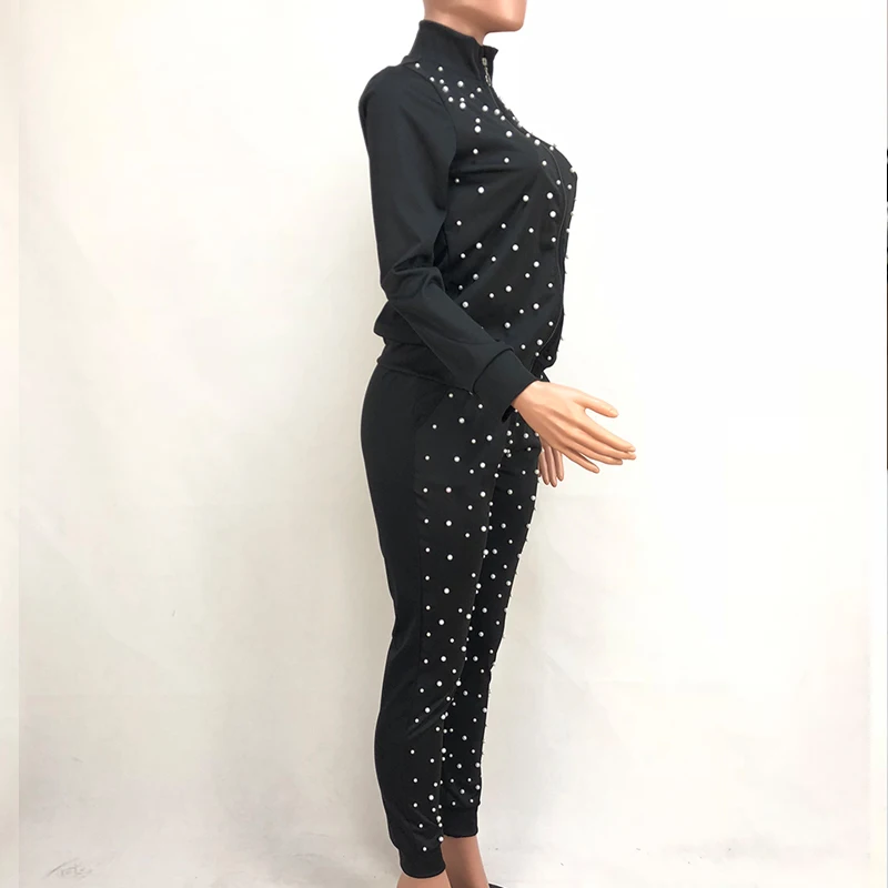 Two Piece Set Pearls Tracksuit Beads Long Sleeve Leisure Jogger