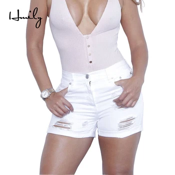 

HMILY Shorts Women Casual 2019 Mid Waist Cotton Sexy Destroyed Jean Short Fashion Button Pockets Hole Denim Shorts Ladies
