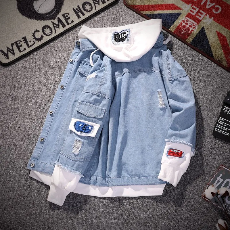 

Zogaa 2019 New Autumn Men's Hole Denim Jacket Handsome Men's Korean Casual Student Solid Single Breasted Hooded Jacket