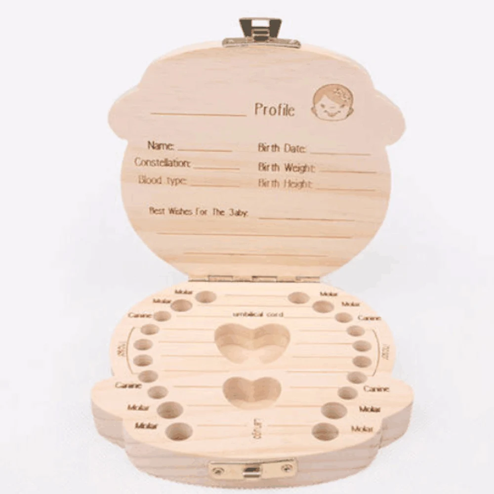 Baby Tooth Box Organizer Save Milk Teeth Wood Boy Girl Kids Storage Fairy Case