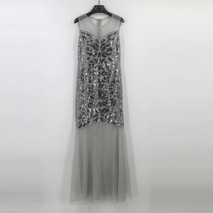 

Women Sleeveless Floral Sequin Bead Embellished Gauze Long Gown Vintage 1920s Great Gatsby Flapper Party Dress Maxi Robe Vestido
