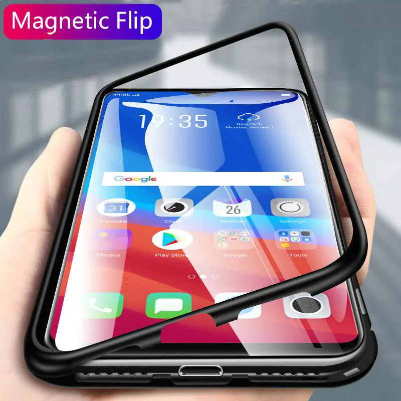 

Magnetic Flip Case For Oppo F9 F9 Pro R17 R17Pro A3s Case Clear Transparent Tempered Glass Back Cover Metal Frame Coque Fundas