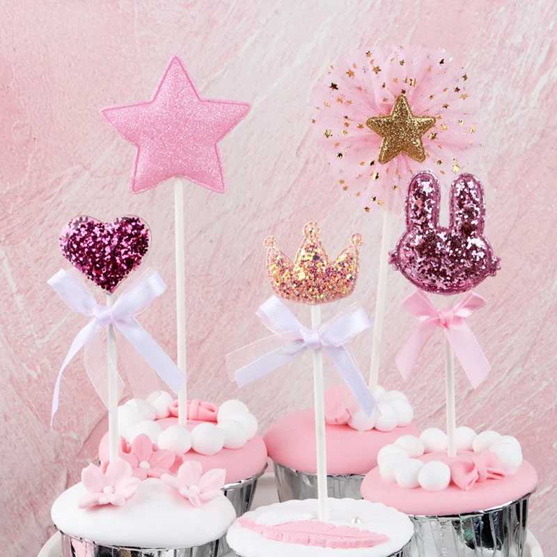 

5 pcs/lot pink star heart crown birthday cake topper cupcake decoration baby shower kids birthday party wedding favor supplies