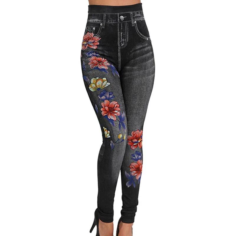 Nibesser Ethnic Floral Printed High Waist Denim Jeans