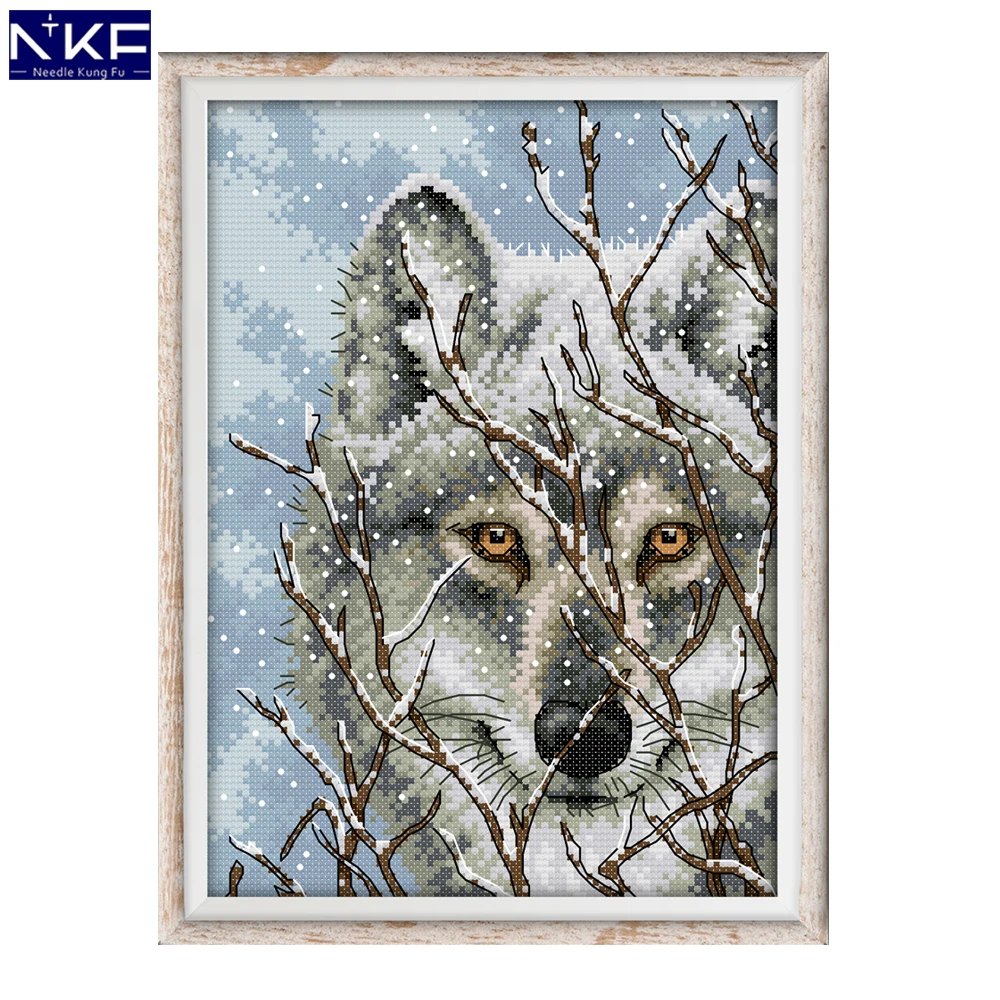 

NKF Snow Wolf Cross Stitch Set Handmade Needlework 11 14ct Printed Cross-Stitch Embroidery Kit Cross Stitch for Home Decor