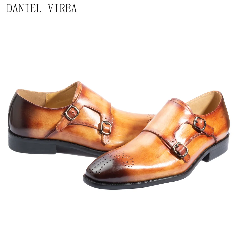 Kopen Handgemaakte Kantoor Business Trouwpak Jurk Loafers Bruin Luxe dubbele gesp Formele Echt Leer Mannen Schoenen