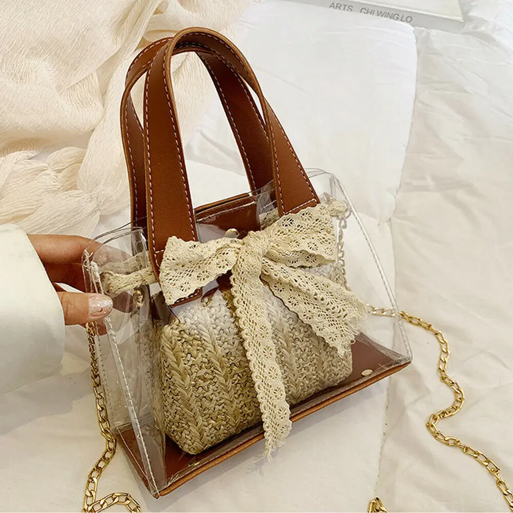 

2019 Hot Women's PVC& Straw bag Transparent Clear Shoulder Bag Tote Lace Bow Summer Beach Handbag Fashion Bag