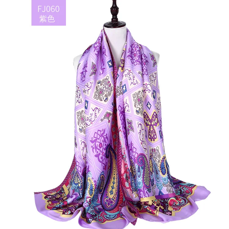 Женский Шелковый зимний шарф с принтом, атласные квадратные шарфы, женские роскошные дизайнерские шали 70*180 см, бандана, большой мусульманский хиджаб - Цвет: FJ063