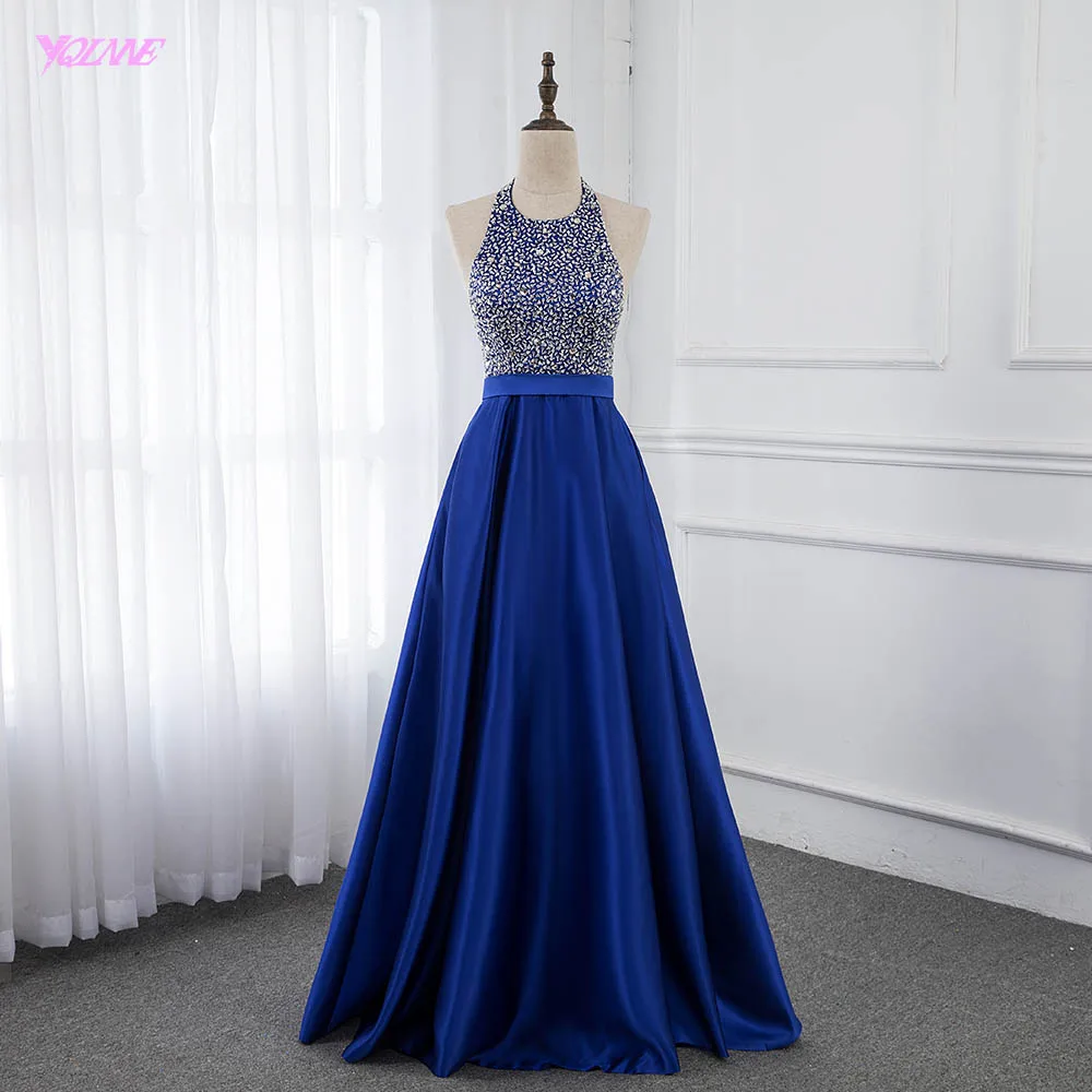 

Royal Blue Long Backless Prom Dresses Halter Crystals Beaded Satin Formal Party Dress YQLNNE