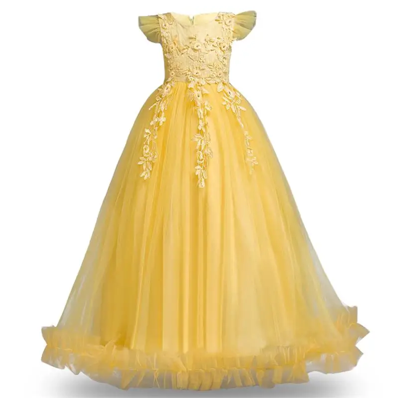 Г. Зимнее платье с цветочным узором для девочек; Детские платья для девочек; костюм; свадебное платье; длинное праздничное платье принцессы для детей-подростков - Цвет: Yellow
