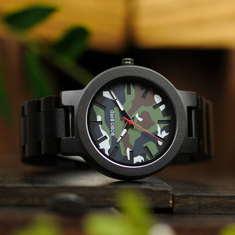 BOBO BIRD Men Wood Timepieces Luxury Stylish Ebony Male Quartz Watches Military Chronograph In Gift Box relogio masculino V-R16