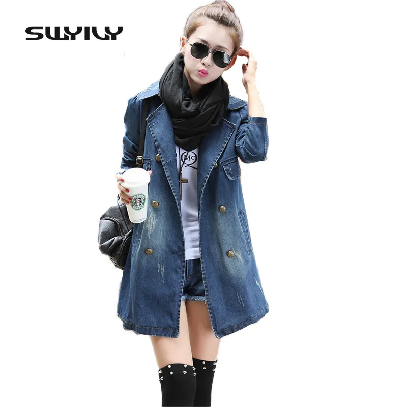 Cotton Denim Jacket Autumn Leisure Denim Coat Plus Size 3XL Double-Breasted Windbreaker Female Long Sleeve Long Jeans Jacket