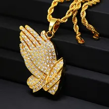 Hiphop Collar Colgante de Jesús Orando Manos Hacia Fuera Helado 18 k Chapado En Oro Del Encanto Colgante con Cadena de La Cuerda de Moda de Alta Calidad collar