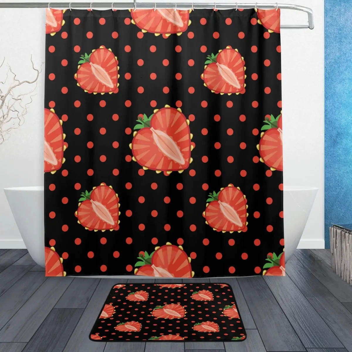 Heart of Strawberry Polka Dot Waterproof Polyester Fabric Shower