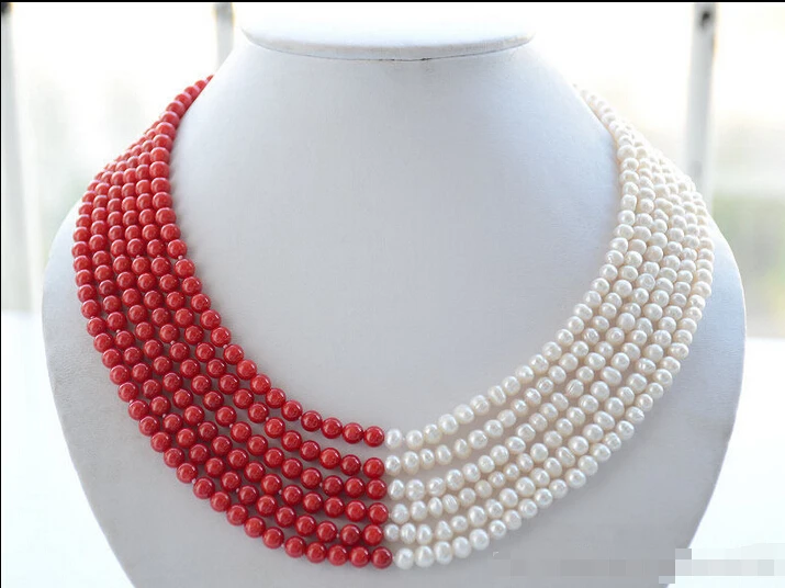 

FREE shipping>>>>Z6400 6strands 6mm white round freshwater pearl red coral bead necklace new