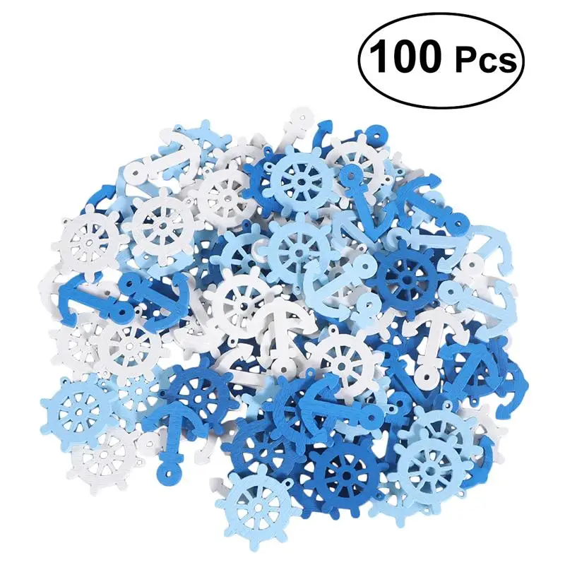100 шт якорь и штурвал Деревянные Подвески скрапбукинг украшения для дома декоративные пуговицы(случайный цвет