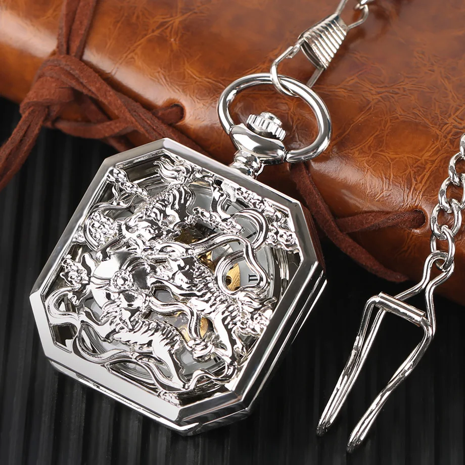 Luxury Silver Half Hunter Mechanical Pocket Watch Irregular Double Tiger Hand Wind Watches Men Women Top Gift For Xmas Birthday (10)