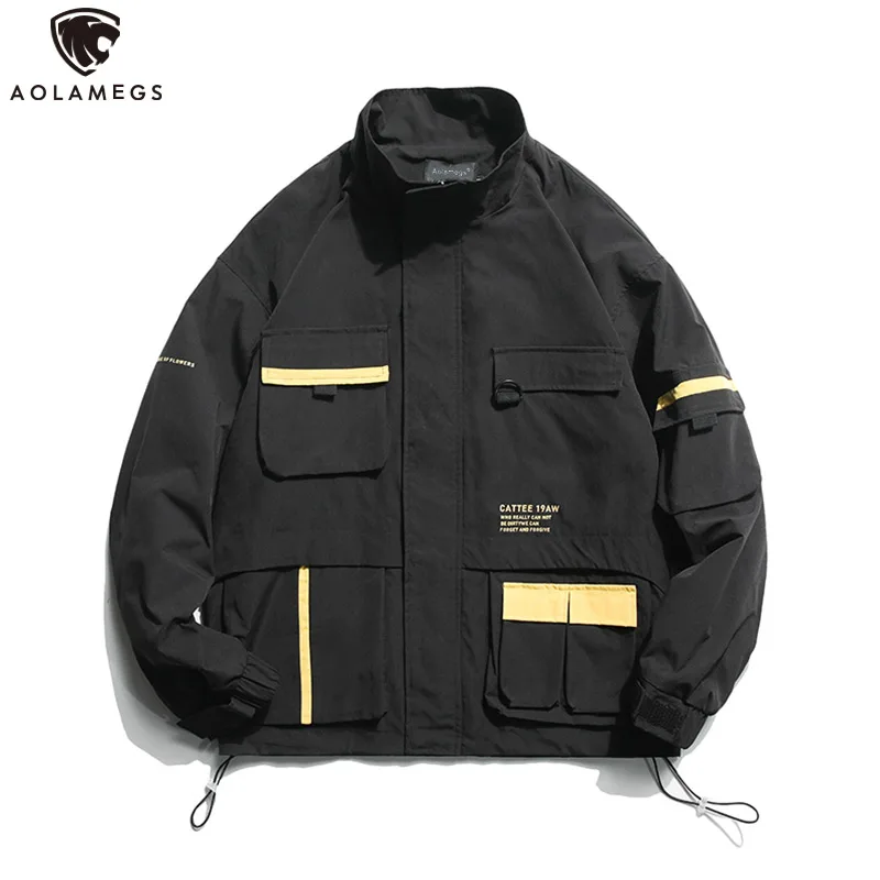 

Aolamegs Men Jacket Multi-Pocket Windbreaker Youth Cargo Style Advanced Solid Color Casual Coat Zipper Hip Hop Streetwear Autumn