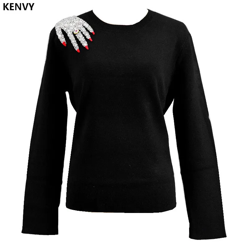 

KENVY Brand Fashion Women's High-end luxury Winter Bead Diamond sequins slim knitted Wool Sweater