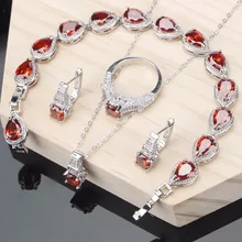 Свадебный красный гранат, фианит, ювелирный набор для женщин, серебро 925, ювелирный браслет, кольцо, серьги, ожерелье