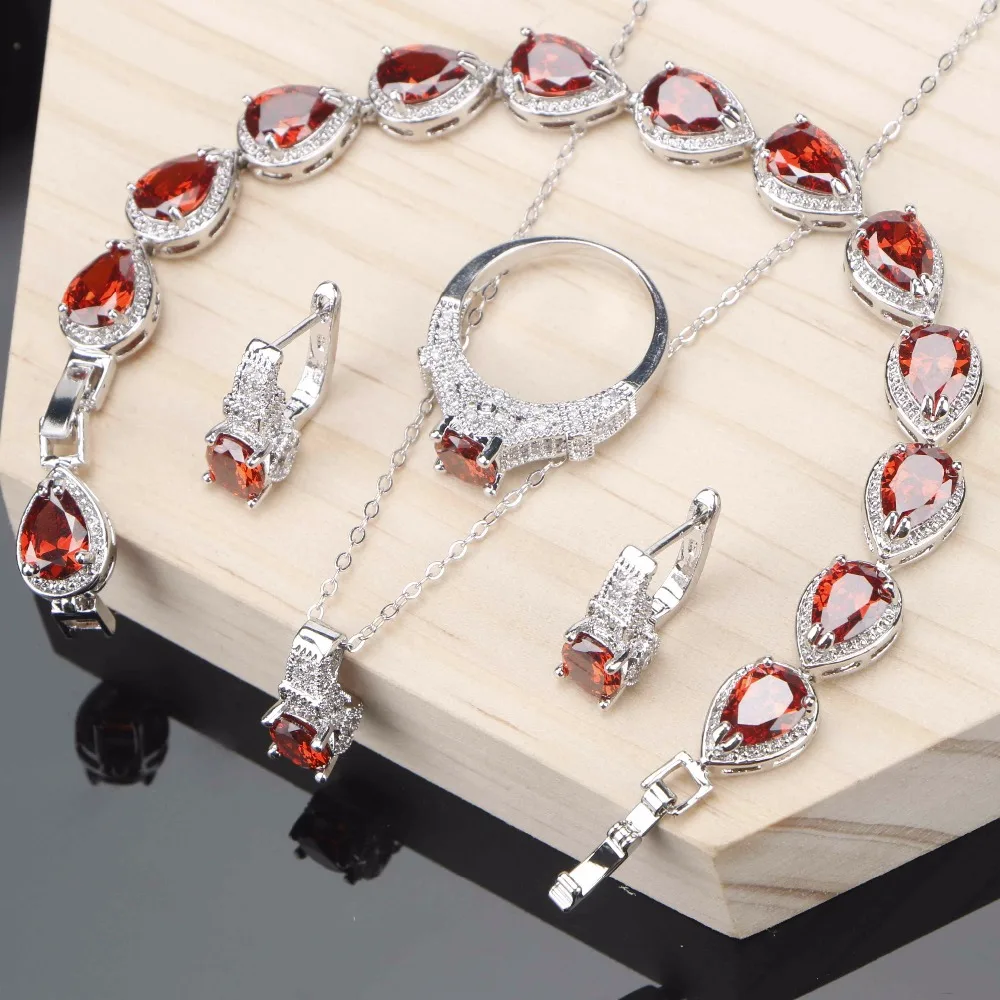 

Wedding Red Garnet Cubic Zirconia Jewelry Sets For Women Birthston Silver 925 Jewelry Bracelet Ring Earrings Necklace Set