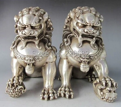 

decorations for home+ 1 Pair Chinese FengShui Tibet Silver Lion /Foo Fu Dog Statue High:15CM /item