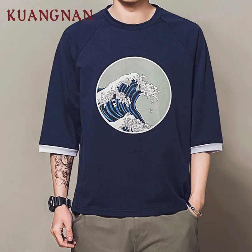 

KUANGNAN Japan Style Waves Print T Shirt Men Fashions Harajuku Streetwear Funny Tshirt Men T Shirt Hip Hop T-Shirt Men 5XL 2019
