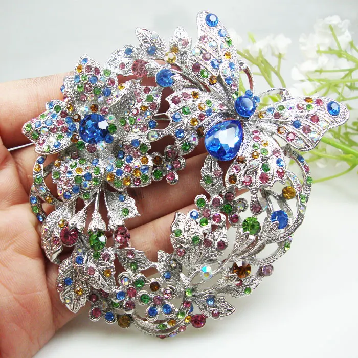 

Silver Tone Butterfly Flower Pendant Brooch Pin Multi-color Austrian Crystal