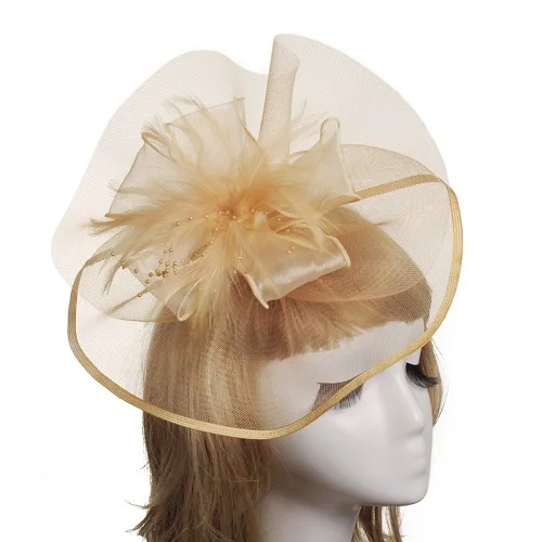 Chapeu Casamento Свадебные шляпы с клипсой перо бисером элегантный головной убор свадебные головные уборы вуалетки и шляпы винно-красный белый - Цвет: Золотой