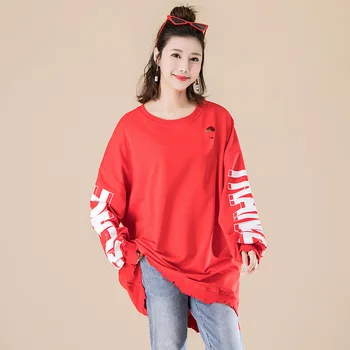 

2019 Spring Loose Oversize Long Sleeve T Shirt Women Korean Fashion Hole Solid Color O Neck Shirt Plus Size White Black Red Top