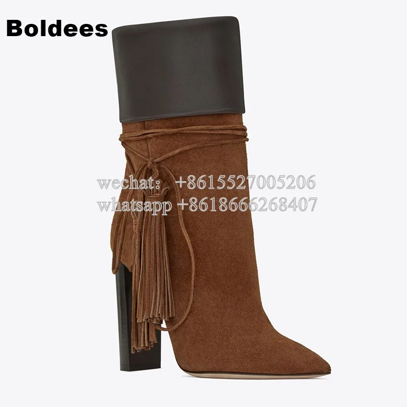 Fashion Pointed Toe Block Heeled Fringe High Heel Mid-calf Winter Pointed Toe Gladiator Boots цена Fashion Pointed Toe Block Heeled Fringe High Heel Mid-calf Winter Pointed Toe Gladiator Boots цены онлайн