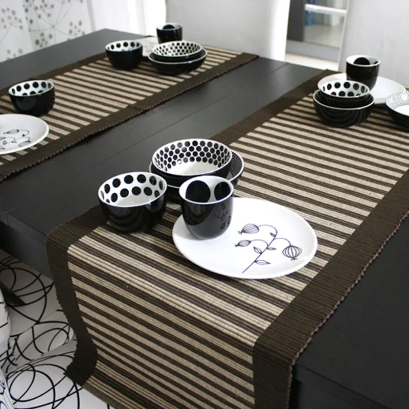New Woven striped cotton black ream simple table Table runner mat