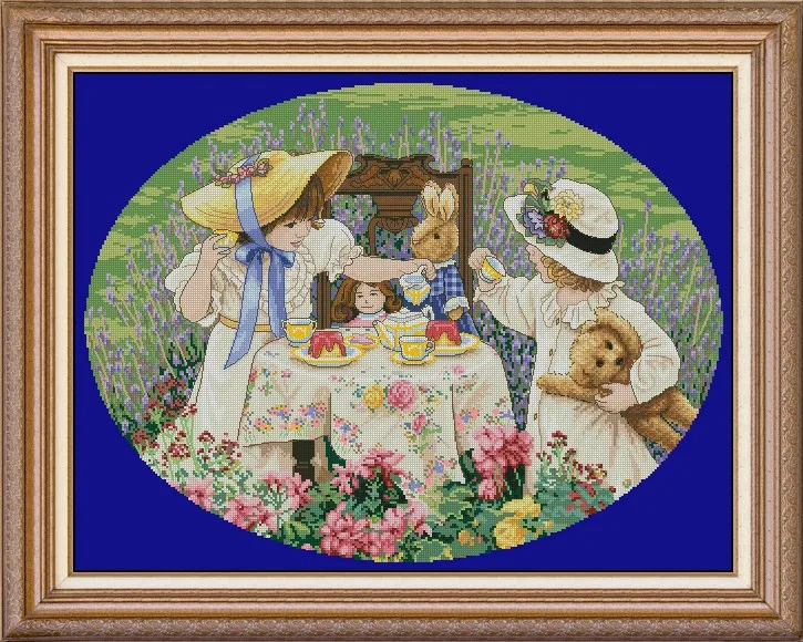 CS-1379 cross stitch kit Afternoon Tea two girls bear doll bunny drink tea in the garden.jpg
