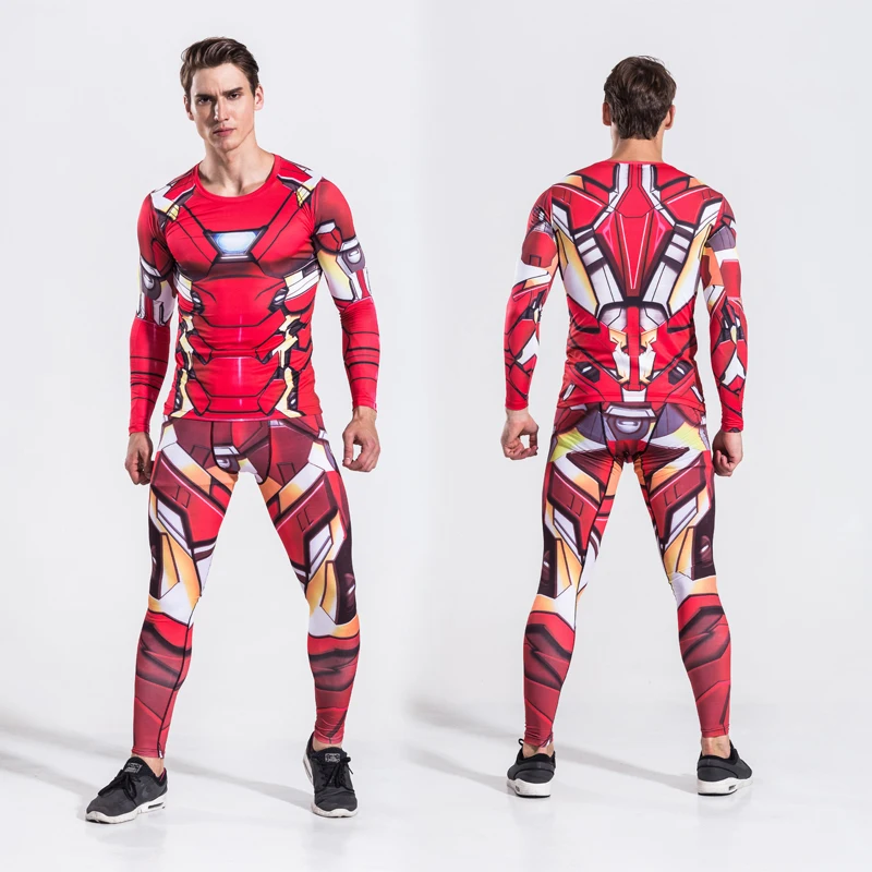 Супергероя Железный человек Мужская комплект из двух предметов спортивный костюм с длинным рукавом Кроссфит футболка Фитнес Леггинсы