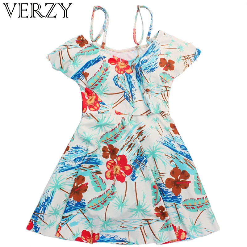 

Sexy Summer Girls' Off Shoulder Dresses Print Floral M-3XL Plus Women Skirted Swimwear Seaside Skirt With Shoulder Stripes