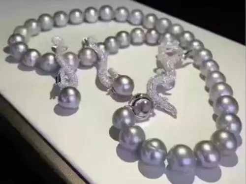 

Beautiful New 11-12mm natural tahitian silver gray pearl necklace 18inch earrings
