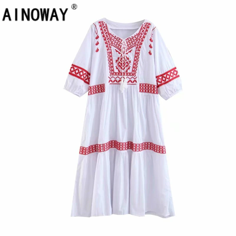 

Vintage Chic women Boho dress Floral embroidery tassel beach Bohemian maxi dress Ladies V neck Summer dress vestidos