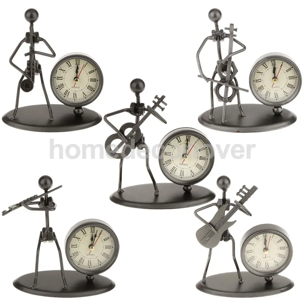 

Retro Iron Musician Model w/ Roman Numeral Clock Artware Metal Ornament Handcrafted Collection Home Table Decoration Gift