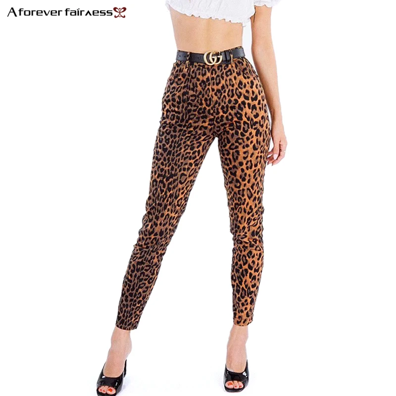 Навсегда осень-зима Для женщин брюки леопардовым принтом стрейч джинсы Высокая талия тонкие модные леопарда тонкий карандаш брюки M-1028