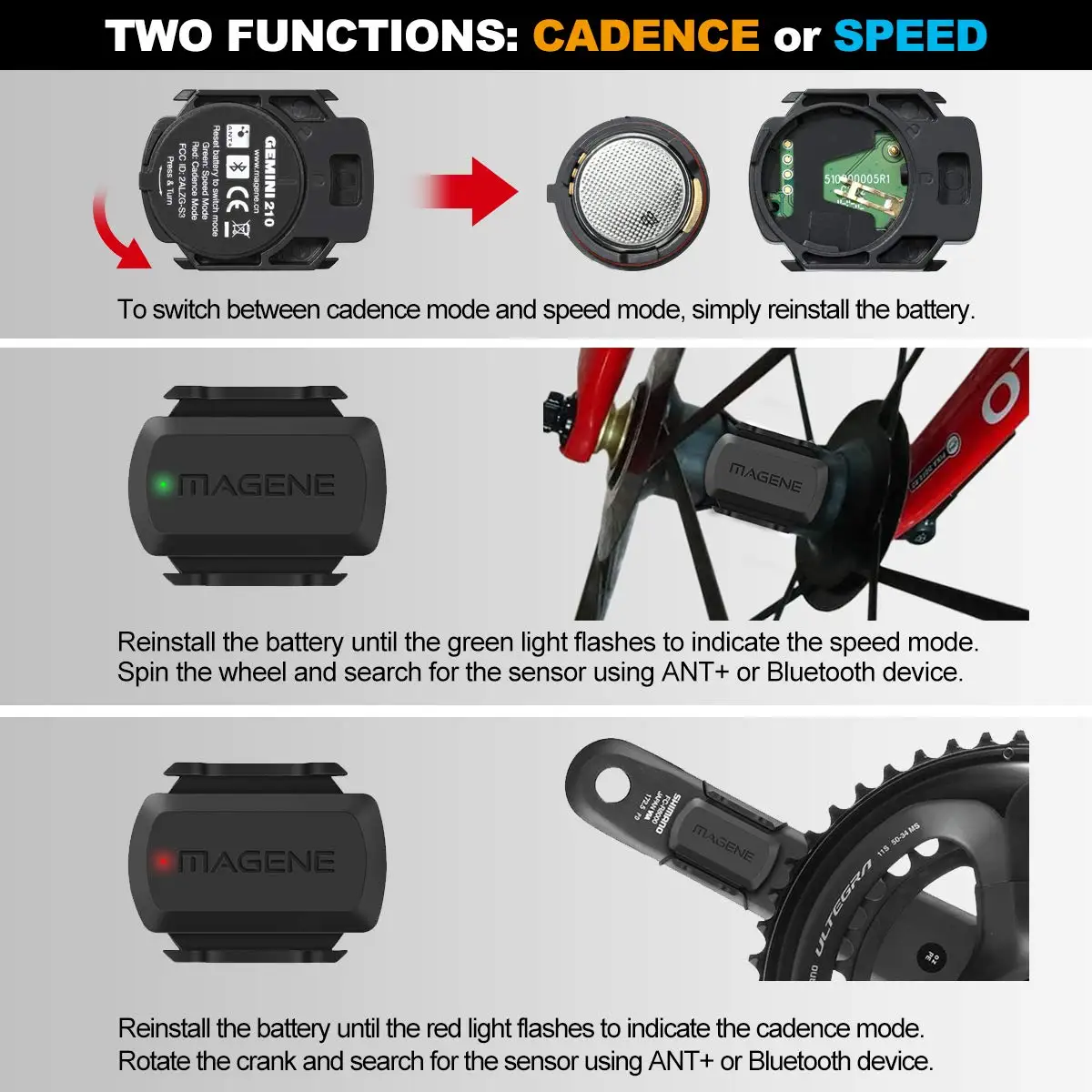 MAGENE gemini 210 датчик скорости cadence ant+ Bluetooth для Strava garmin bryton, велосипедный компьютер, измеритель мощности