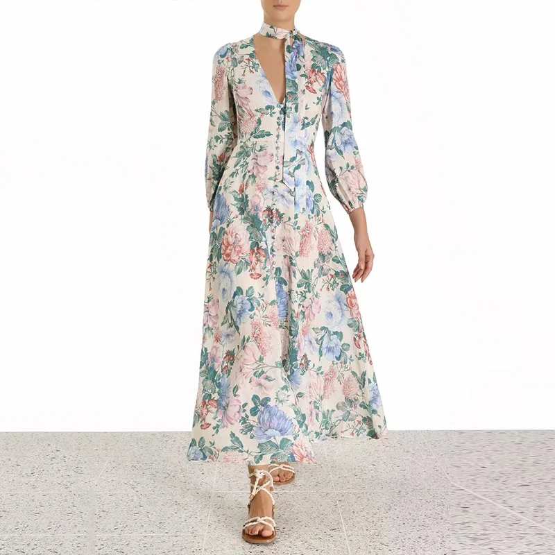 

2019 Autumn Long Sleeve Vocation Holiday V-neck Boho Style Women Maxi Dress Print Beach Dress Vestido