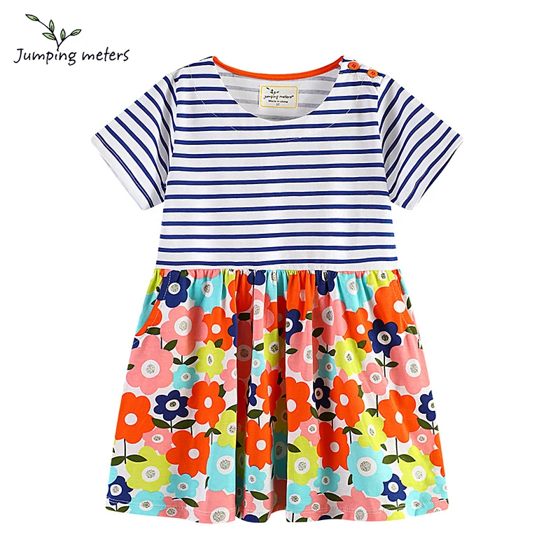 

jumping meters Floral print stripe dress o neck short sleeve knee length children dresses summer spring New Arrival kid clothes