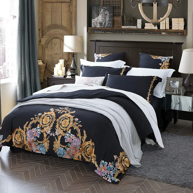 Luxury Egypt Cotton European Classic Black Bedding Set Embroidery Silky