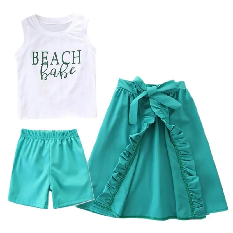 

3pcs/Set Sweet Girls Clothing Set Letters O-Neck Tank Tops Vest Shorts Skirt Outfits T-shirt+ Sequins Short Costume Set