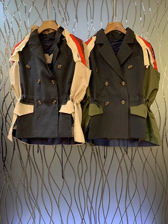 

2019 Early autumn women's suit collar color stitching double-row button striped jacket 714