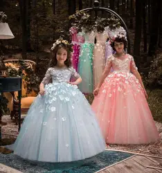 Пышные фатиновые Половина рукава светло-голубой цвет цветочный Платья для младенцев бальный наряд для маленьких детей праздничное платье