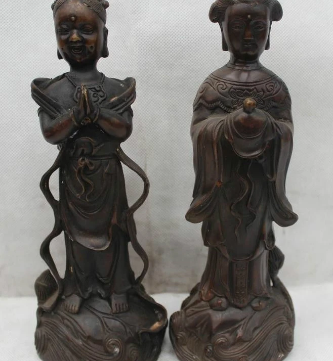 

10"China Chinese Bronze Stand Money Wealth Tong Zi Boy Girl Statue Sculpture