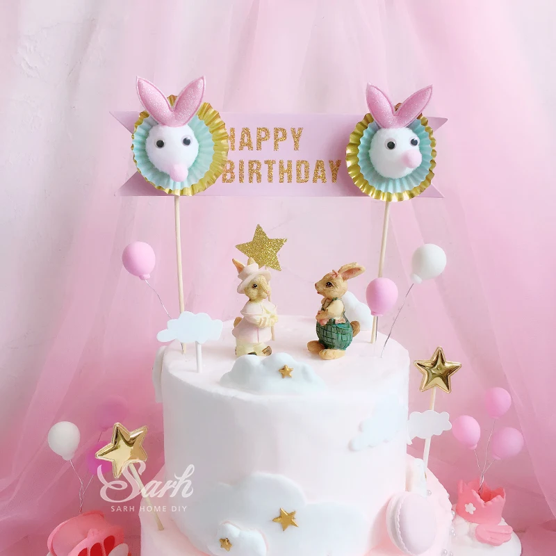 Блестящий Золотой Розовый Белый Кролик "с днем рождения" глиняный шар Топпер для торта вечерние украшения десерт прекрасный подарок