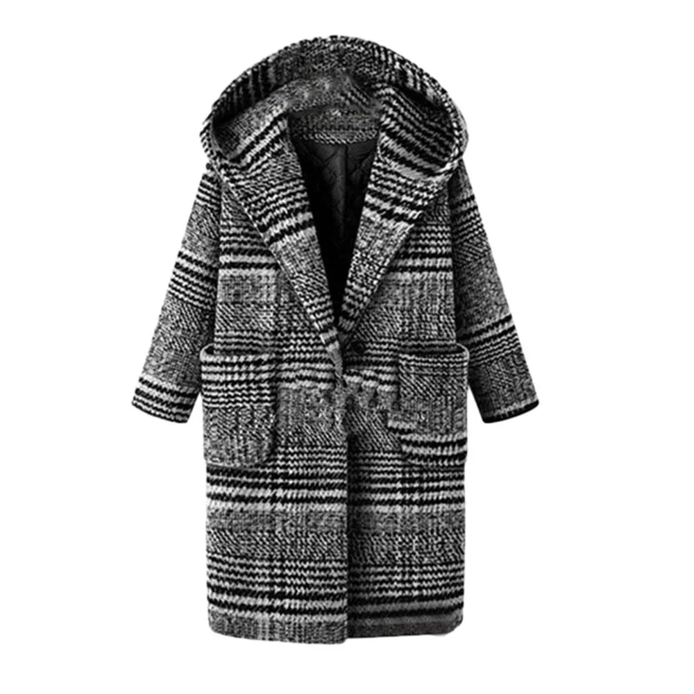 Зимнее женское пальто в клетку размера плюс XL-5XL, Модное теплое пальто из плотной шерстяной ткани, Женское шерстяное пальто