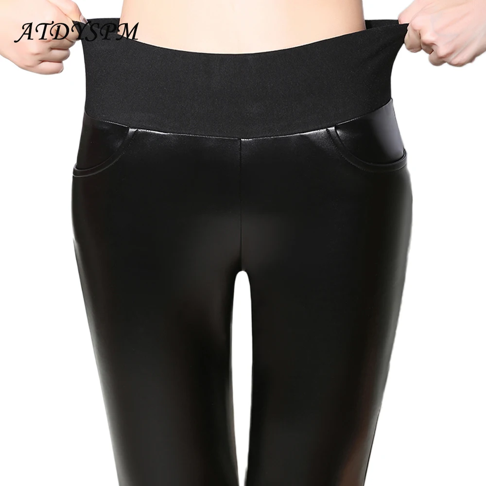 

2019 Autumn Winter Plus Velvet PU Leather Pants For Women High Waist Stretch Pencil Pants Plus Size Skinny Trousers Leggings